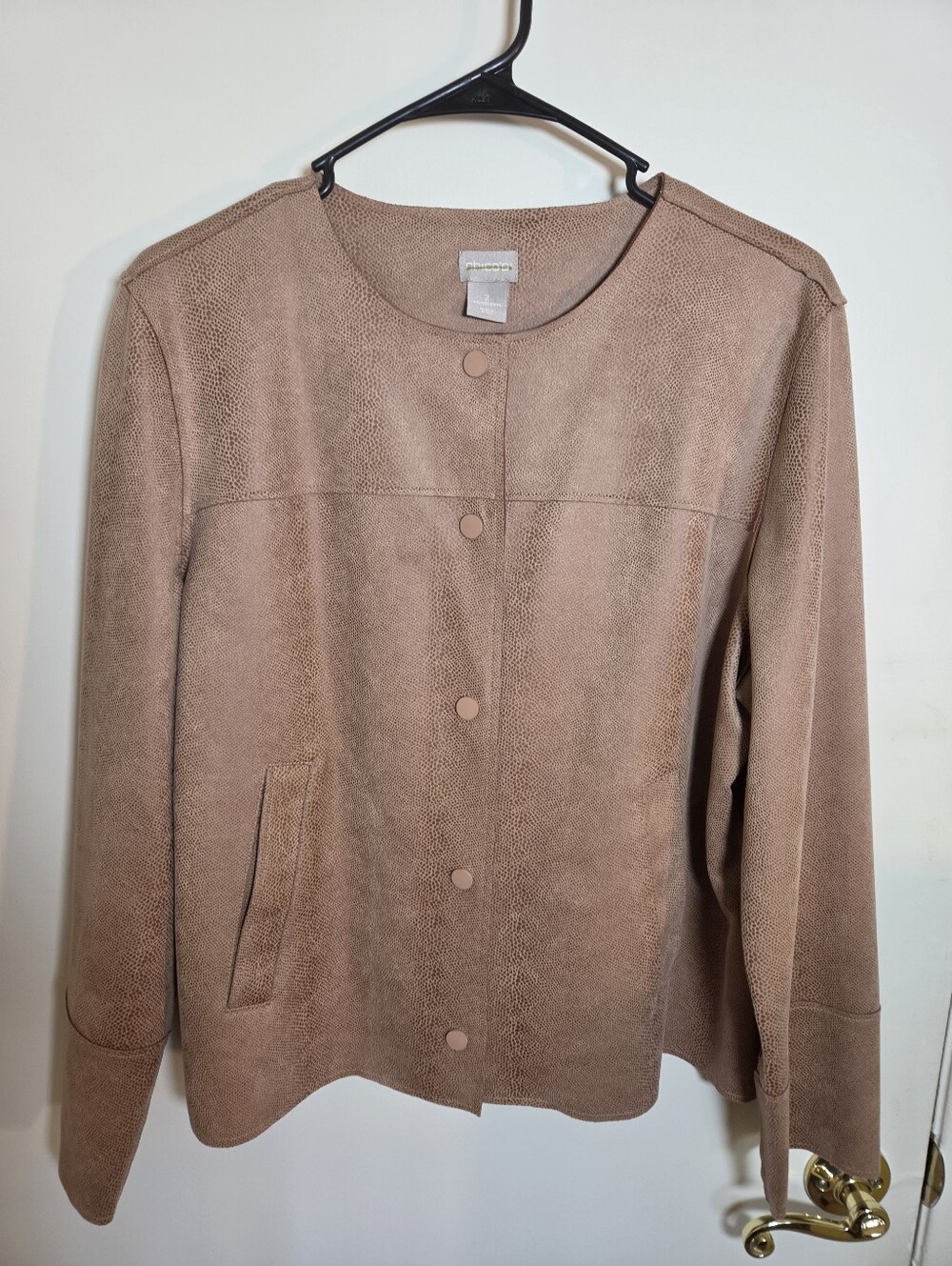 Chico's Faux Scuba Suede Jacket L Desert Tan Snakeskin Snap Front Western Boho